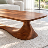 Rectangle Coffee Table with Thin Rounded Slab Top on Single Twisting Wave Base - Arboriswood - 4