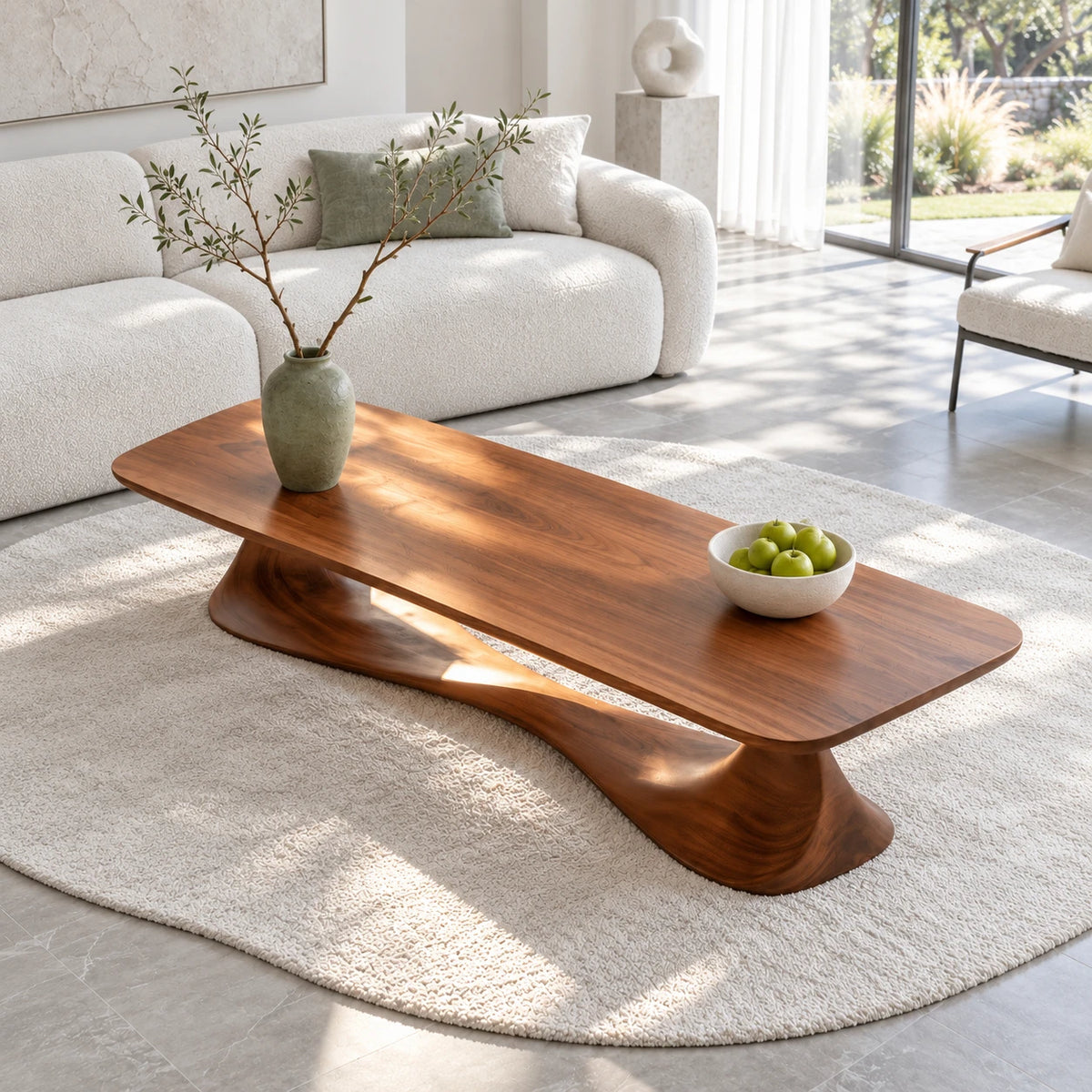 Rectangle Coffee Table with Thin Rounded Slab Top on Single Twisting Wave Base - Arboriswood - 5