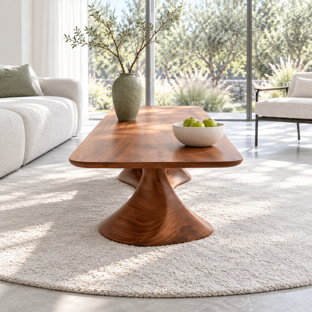 Rectangle Coffee Table with Thin Rounded Slab Top on Single Twisting Wave Base - Arboriswood - 6