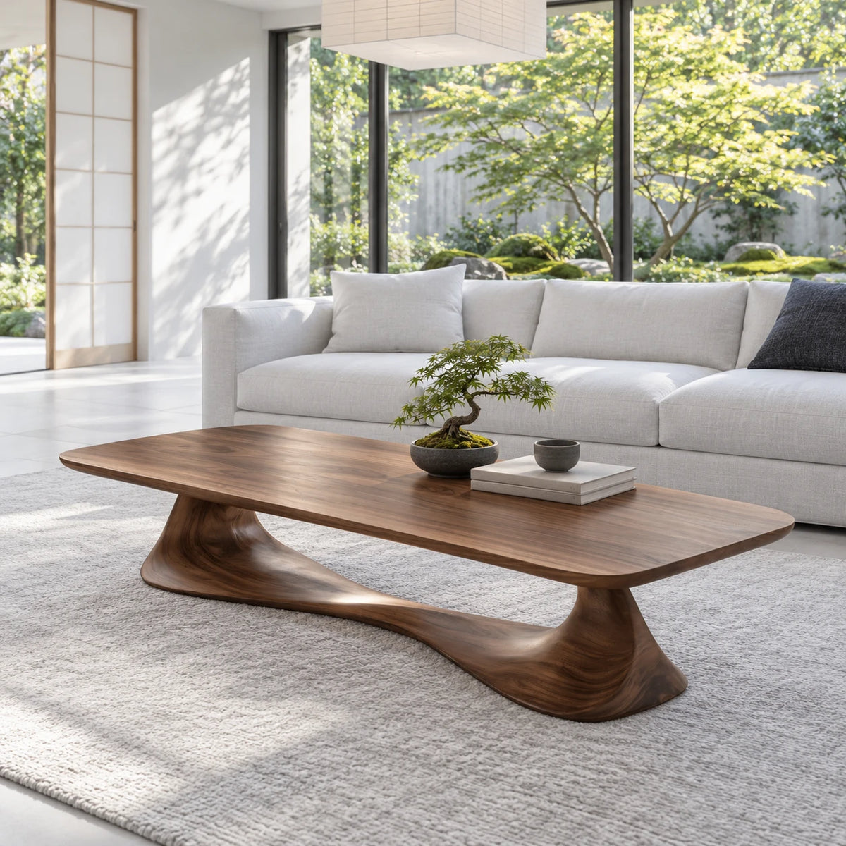 Rectangle Coffee Table with Thin Rounded Slab Top on Single Twisting Wave Base - Arboriswood - 8