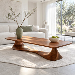 Rectangle Coffee Table with Thin Rounded Slab Top on Single Twisting Wave Base - Arboriswood