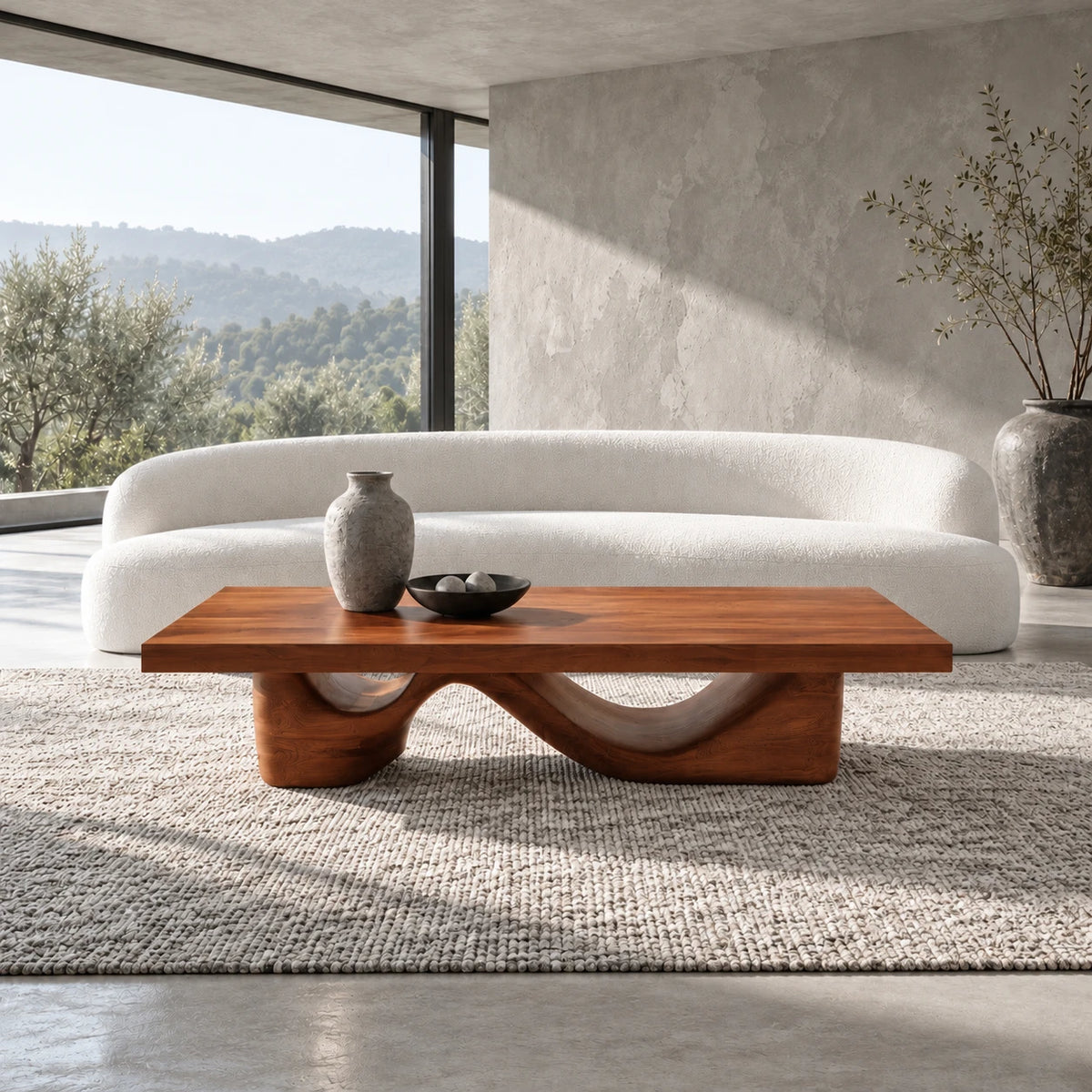 Rectangle Wood Coffee Table with Thick Slab Top on Carved Undulating Wave Base - Arboriswood - 13