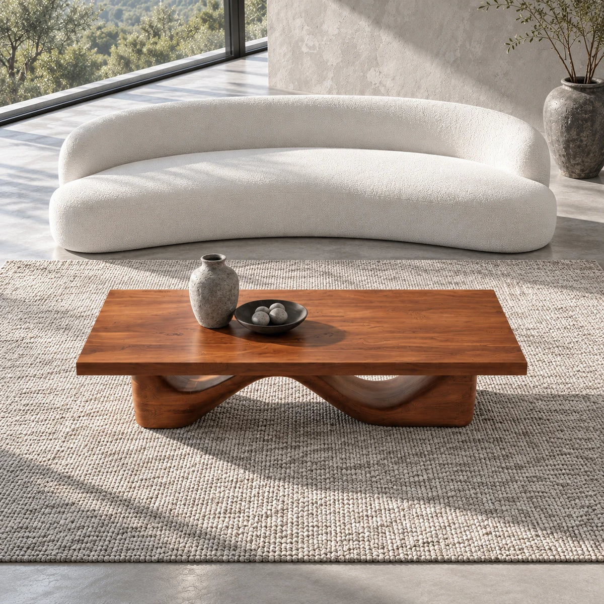 Rectangle Wood Coffee Table with Thick Slab Top on Carved Undulating Wave Base - Arboriswood - 5