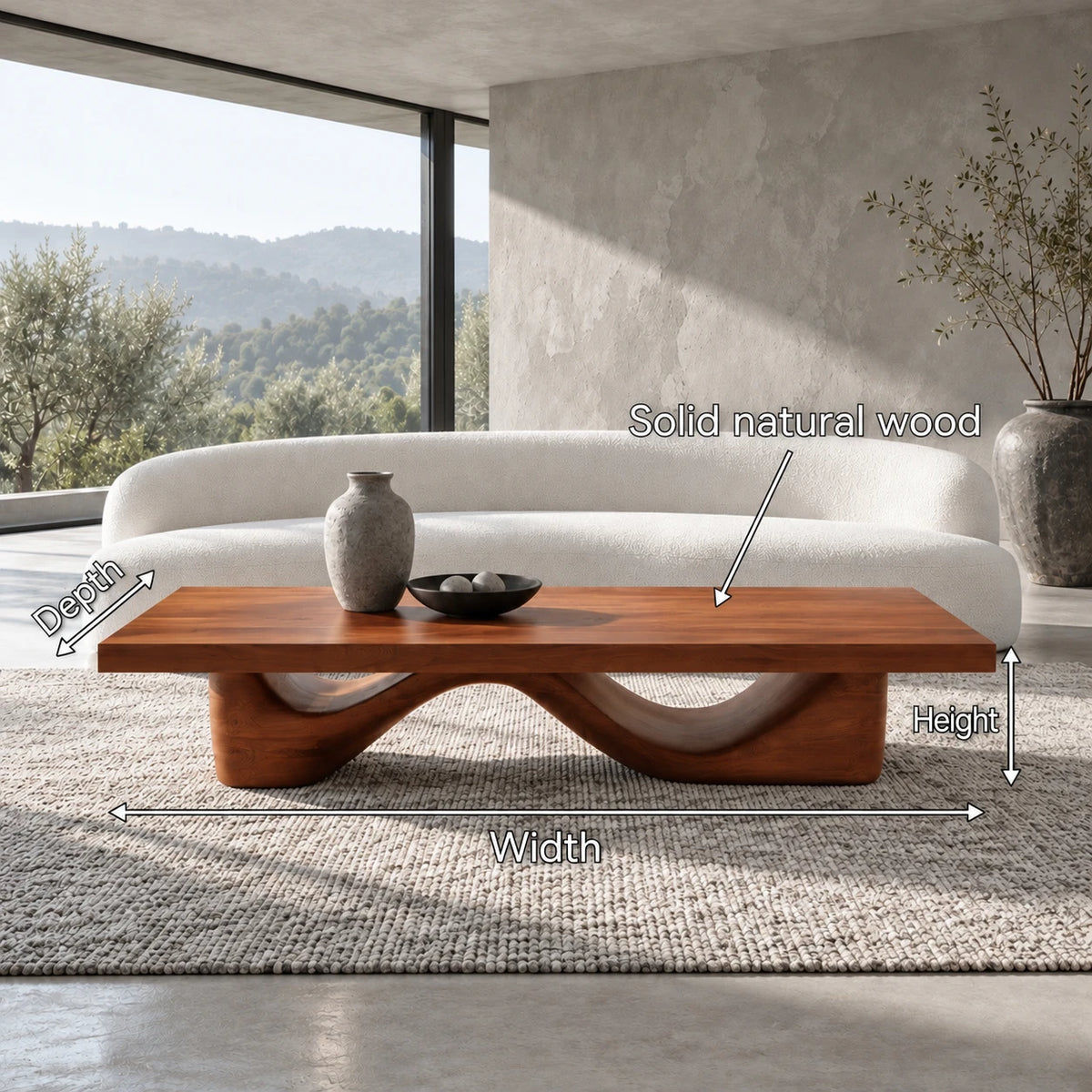 Rectangle Wood Coffee Table with Thick Slab Top on Carved Undulating Wave Base - Arboriswood - 7