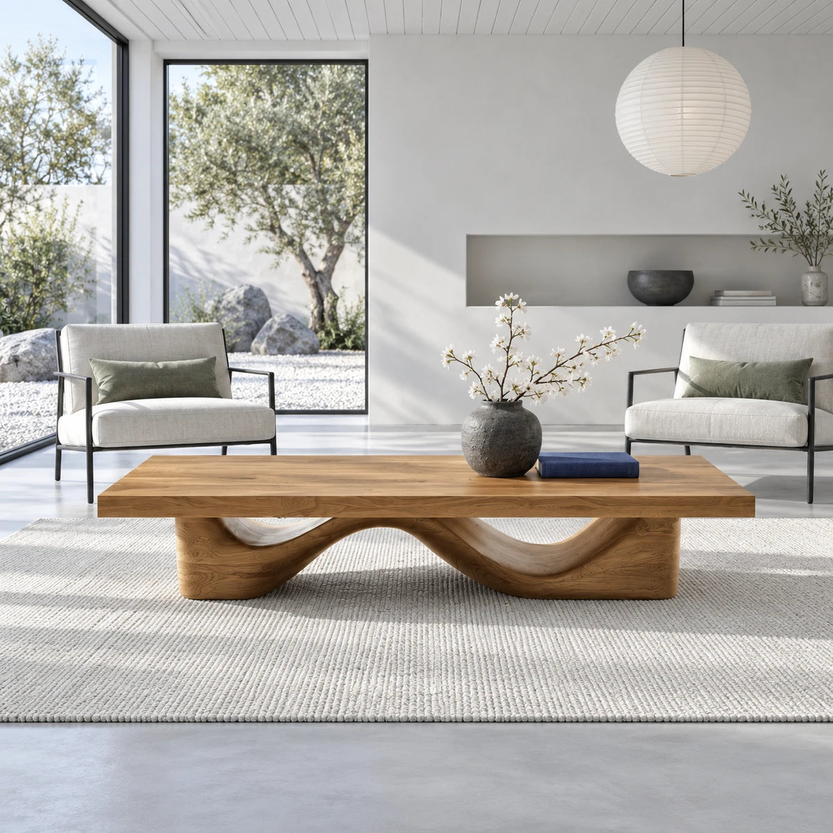 Rectangle Wood Coffee Table with Thick Slab Top on Carved Undulating Wave Base - Arboriswood - 9