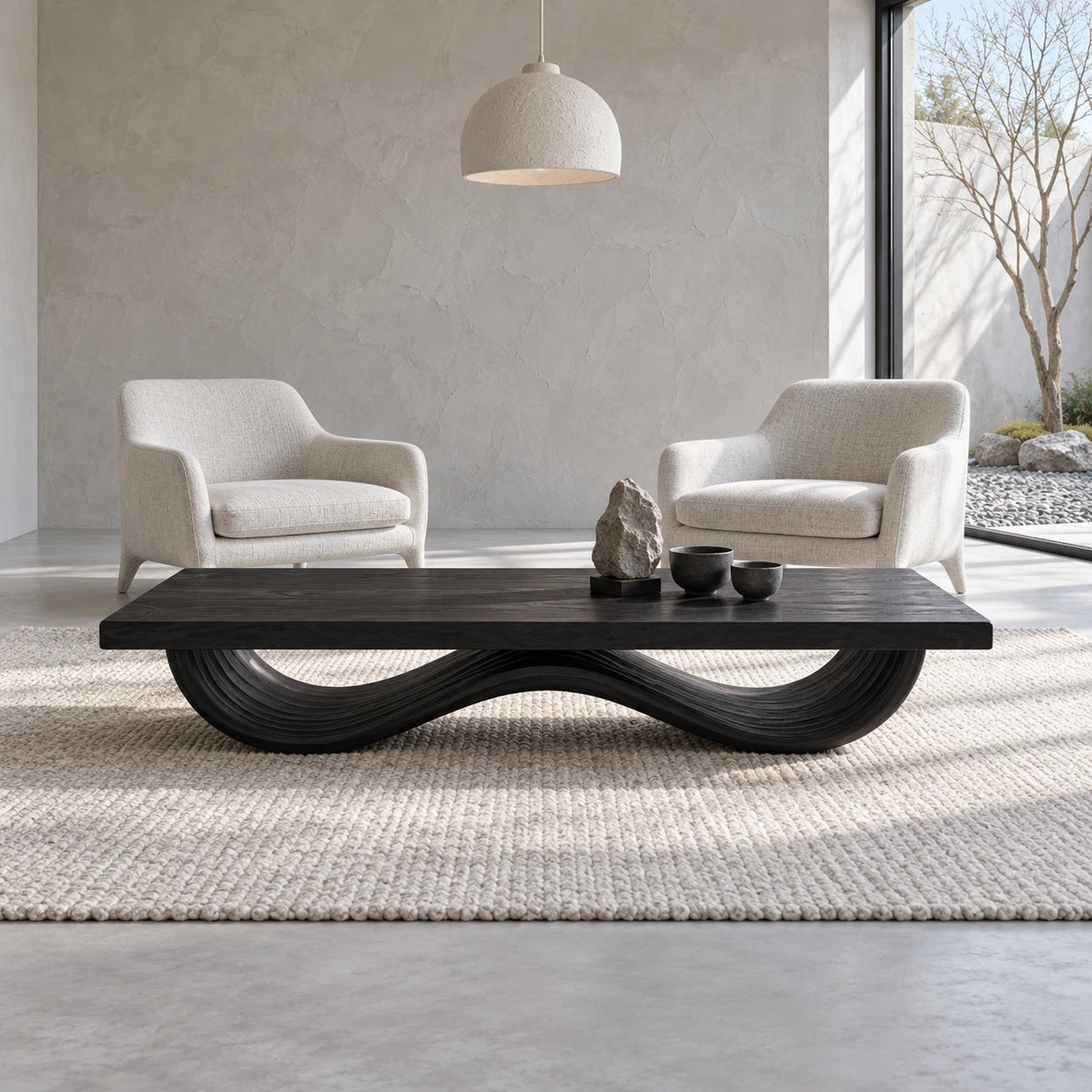 Rectangle Wood Coffee Table with Thick Slab Top on Ribbed Double-Loop Wave Base - Arboriswood - 10
