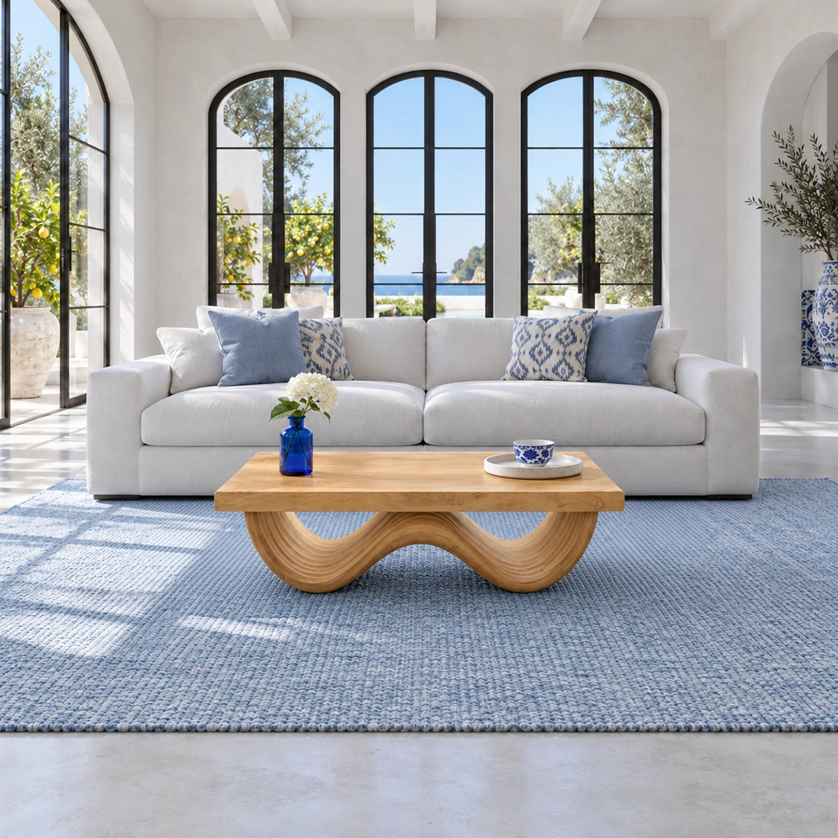 Rectangle Wood Coffee Table with Thick Slab Top on Ribbed Double-Loop Wave Base