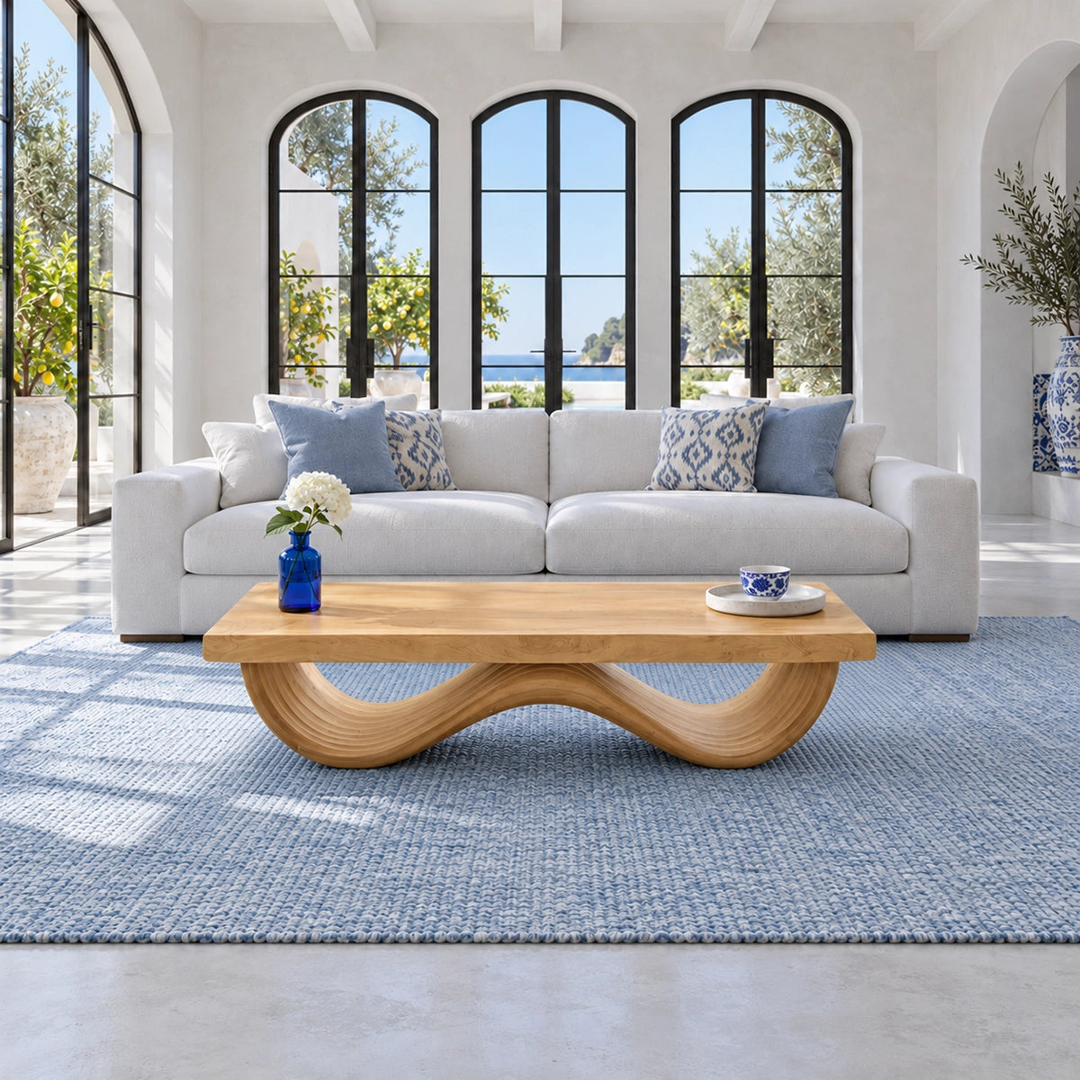 Rectangle Wood Coffee Table with Thick Slab Top on Ribbed Double-Loop Wave Base