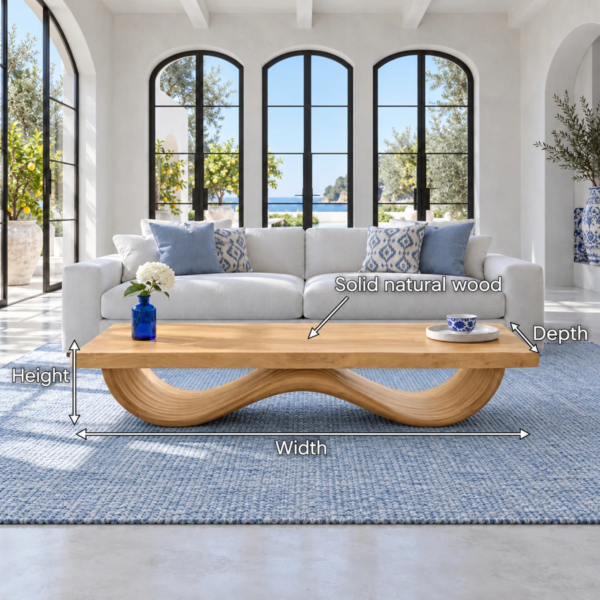 Rectangle Wood Coffee Table with Thick Slab Top on Ribbed Double-Loop Wave Base - Arboriswood - 7