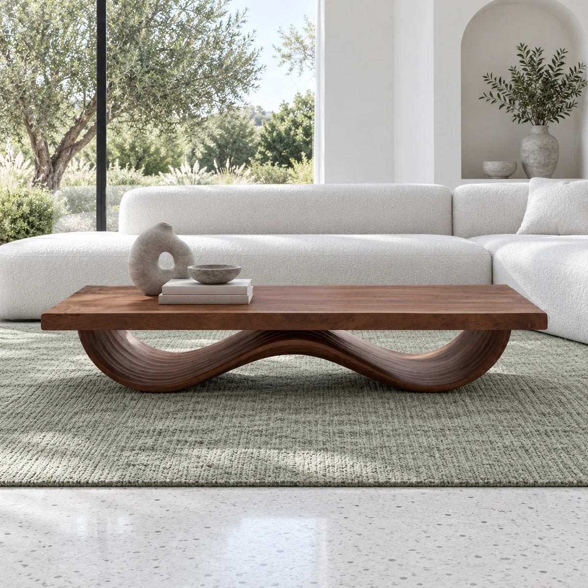 Rectangle Wood Coffee Table with Thick Slab Top on Ribbed Double-Loop Wave Base - Arboriswood - 8