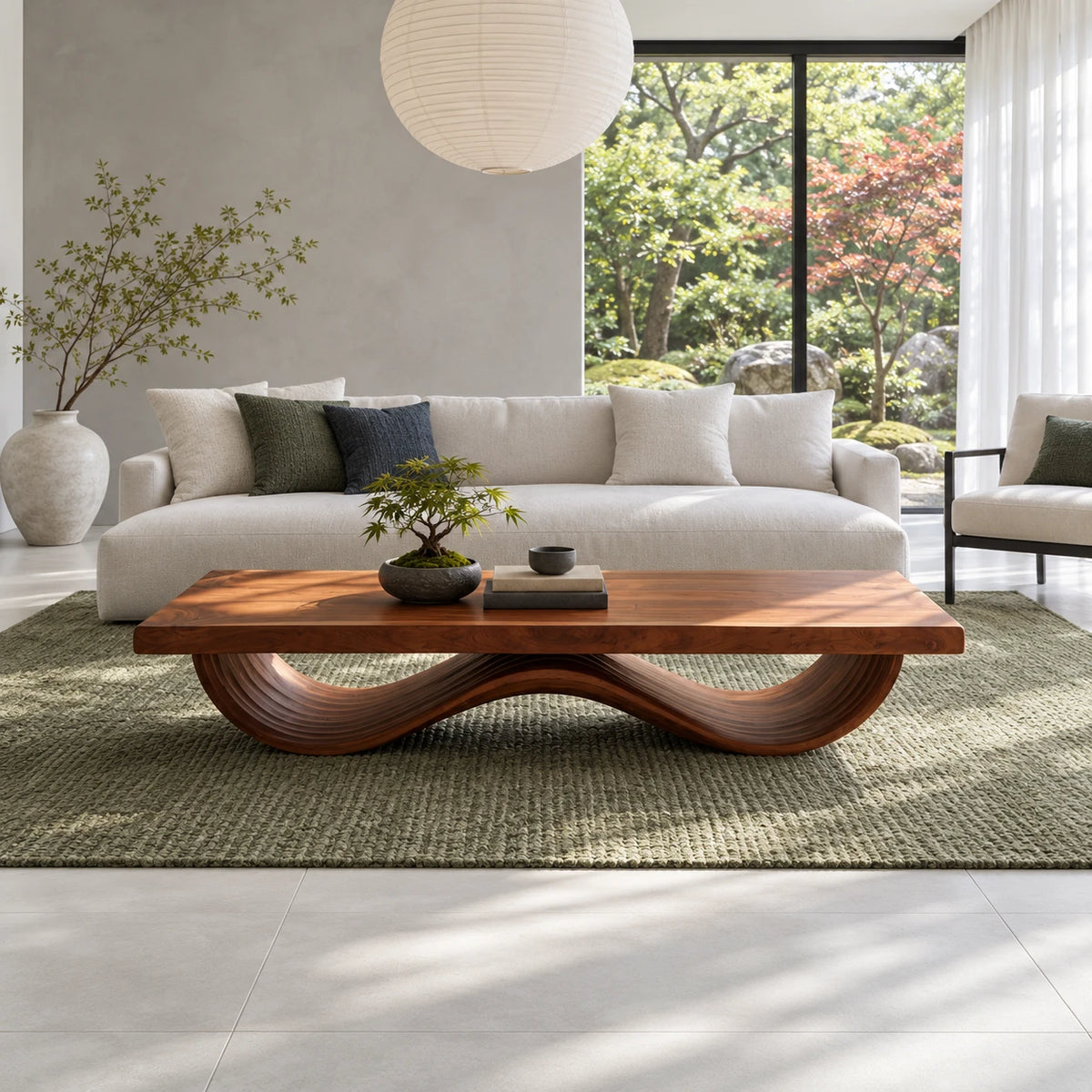 Rectangle Wood Coffee Table with Thick Slab Top on Ribbed Double-Loop Wave Base - Arboriswood - 9