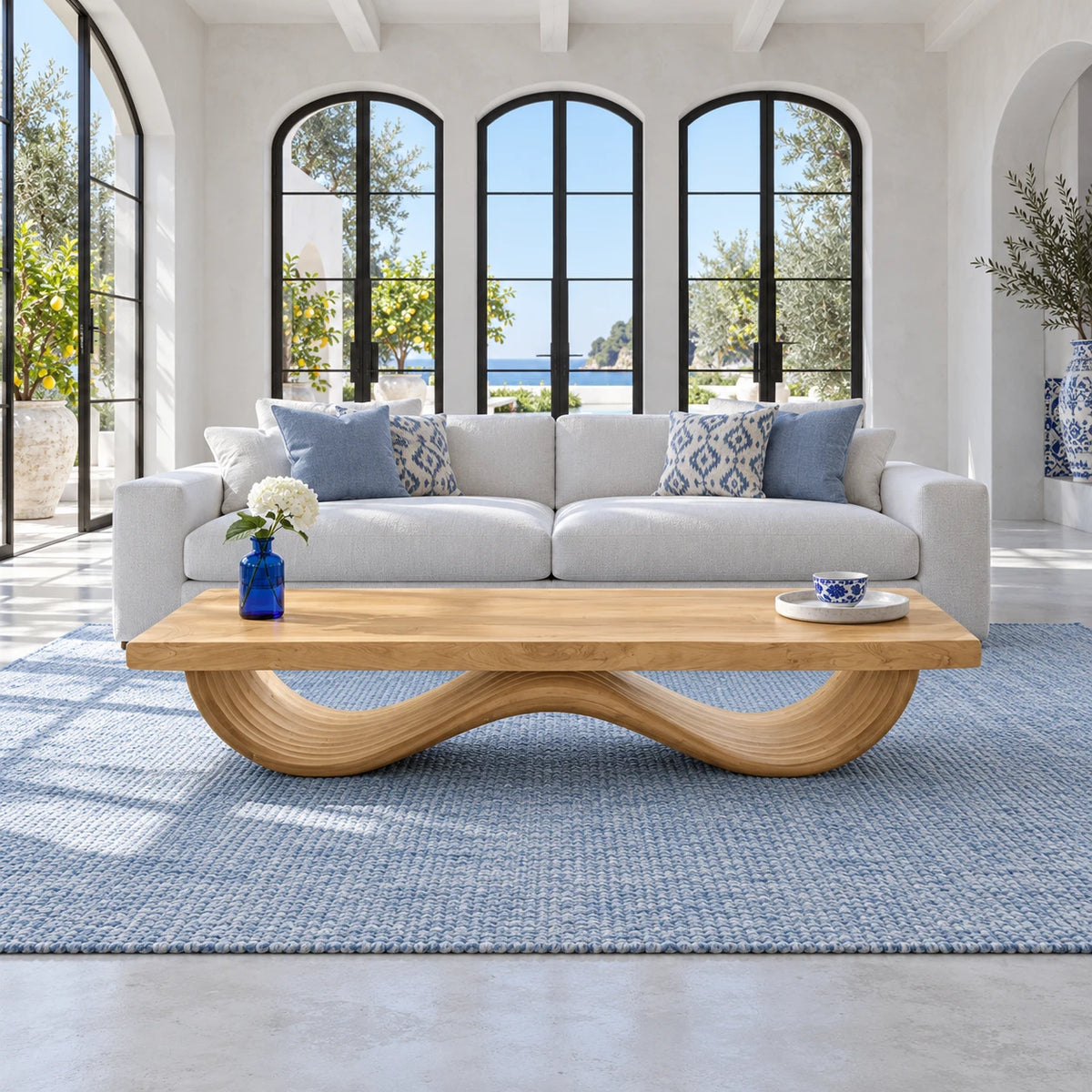 Rectangle Wood Coffee Table with Thick Slab Top on Ribbed Double-Loop Wave Base - Arboriswood