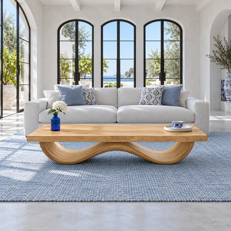 Rectangle Wood Coffee Table with Thick Slab Top on Ribbed Double-Loop Wave Base - Arboriswood