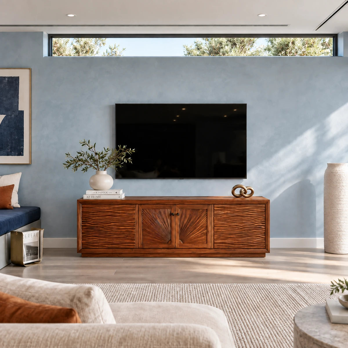 Functional media unit in solid wood with framed doors and spacious storage inside
