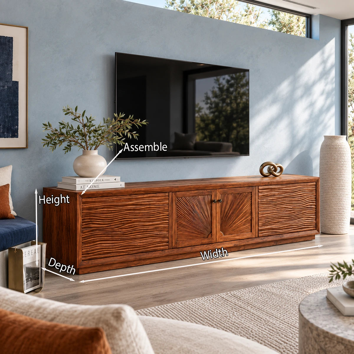 Refined TV media cabinet in solid wood with wave relief and hidden storage compartments
