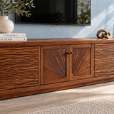 Low profile TV console in solid wood with carved side panels and center cabinet doors
