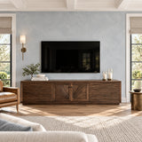 Designer entertainment unit in solid wood with ripple panels and sleek proportions

