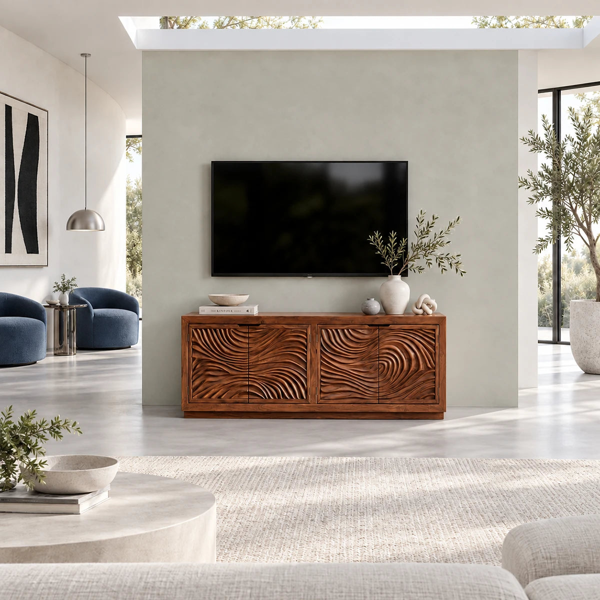 Contemporary TV stand in solid wood with carved wave doors and a streamlined cabinet
