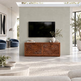 Contemporary TV stand in solid wood with carved wave doors and a streamlined cabinet
