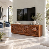 Entertainment center in solid wood with flowing relief fronts and clean linear framing
