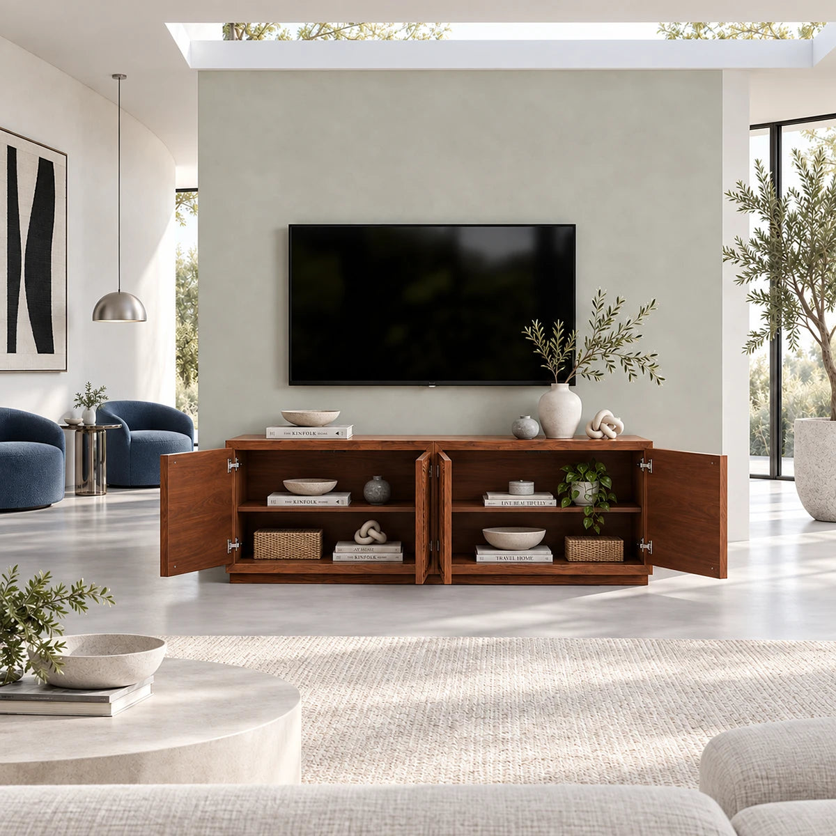 Statement media cabinet in solid wood with dimensional wave carving and hidden storage

