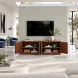 Statement media cabinet in solid wood with dimensional wave carving and hidden storage
