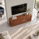 Minimalist TV cabinet in solid wood with sculptural fronts and a wide grounded silhouette
