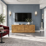 Architectural media stand in solid wood with layered wave relief and refined storage
