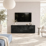 Living room TV console in solid wood with textured carved doors and a clean low stance

