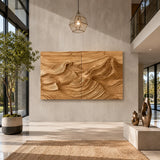Carved landscape wall art with rolling relief adds depth to a bright modern interior