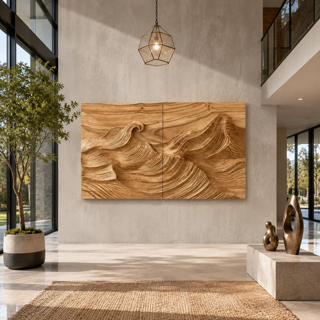 Carved landscape wall art with rolling relief adds depth to a bright modern interior