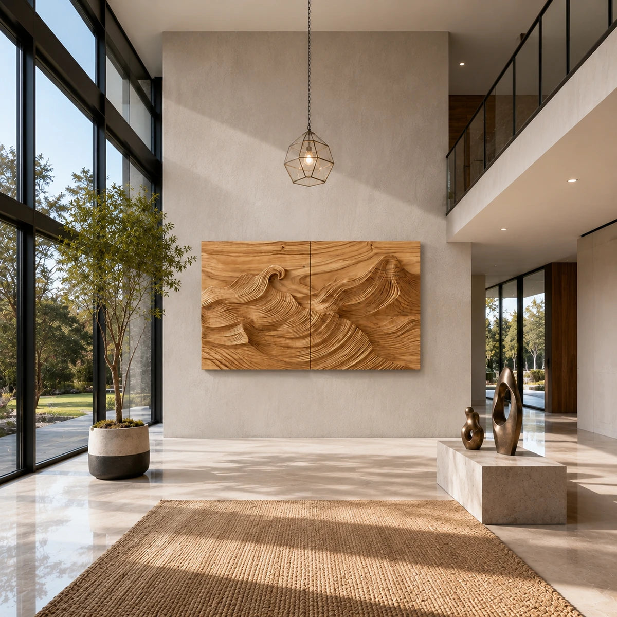 Layered mountain wall sculpture creates flowing movement across a refined open space