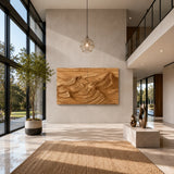 Layered mountain wall sculpture creates flowing movement across a refined open space