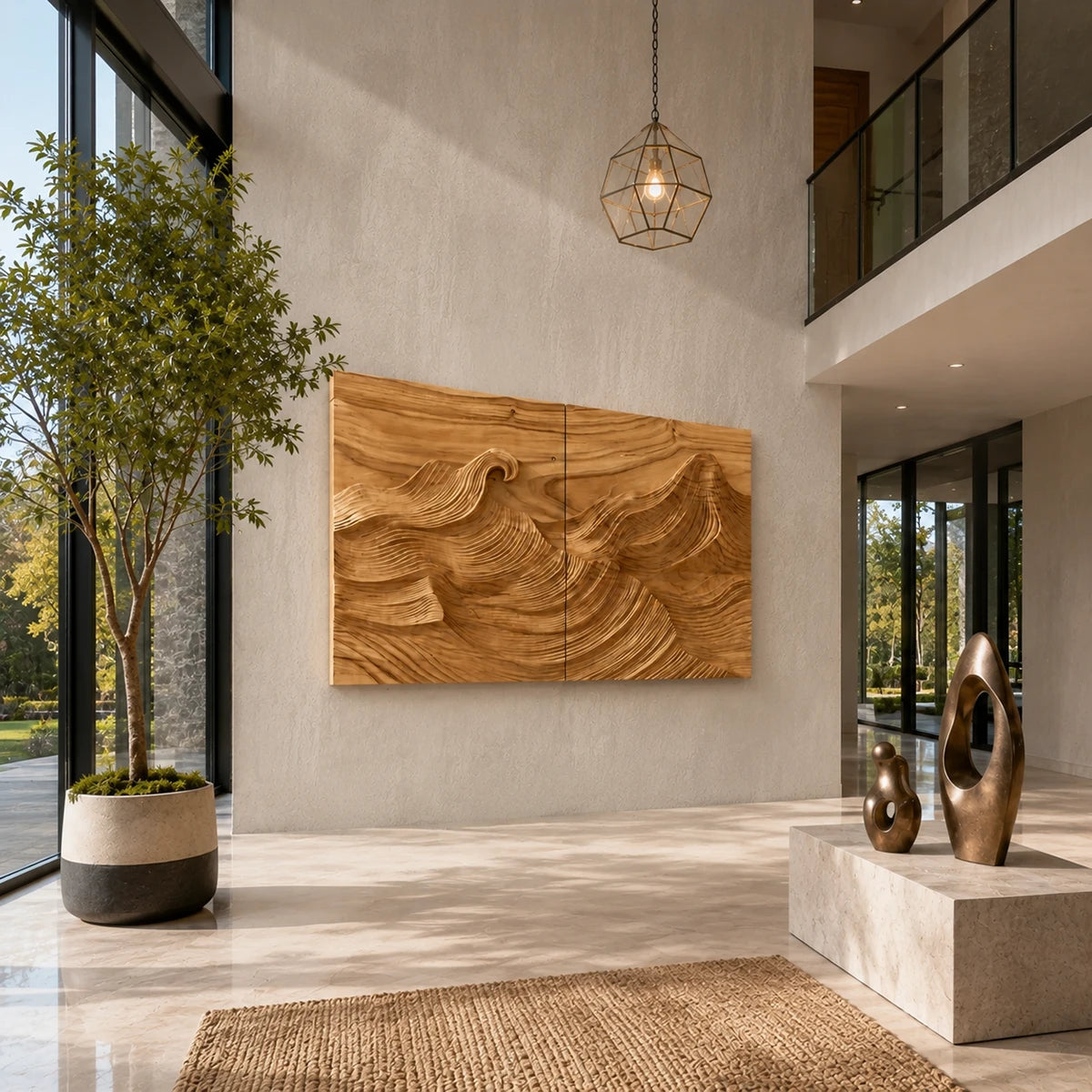 Wide relief wall panel with carved ridges brings texture to a contemporary interior