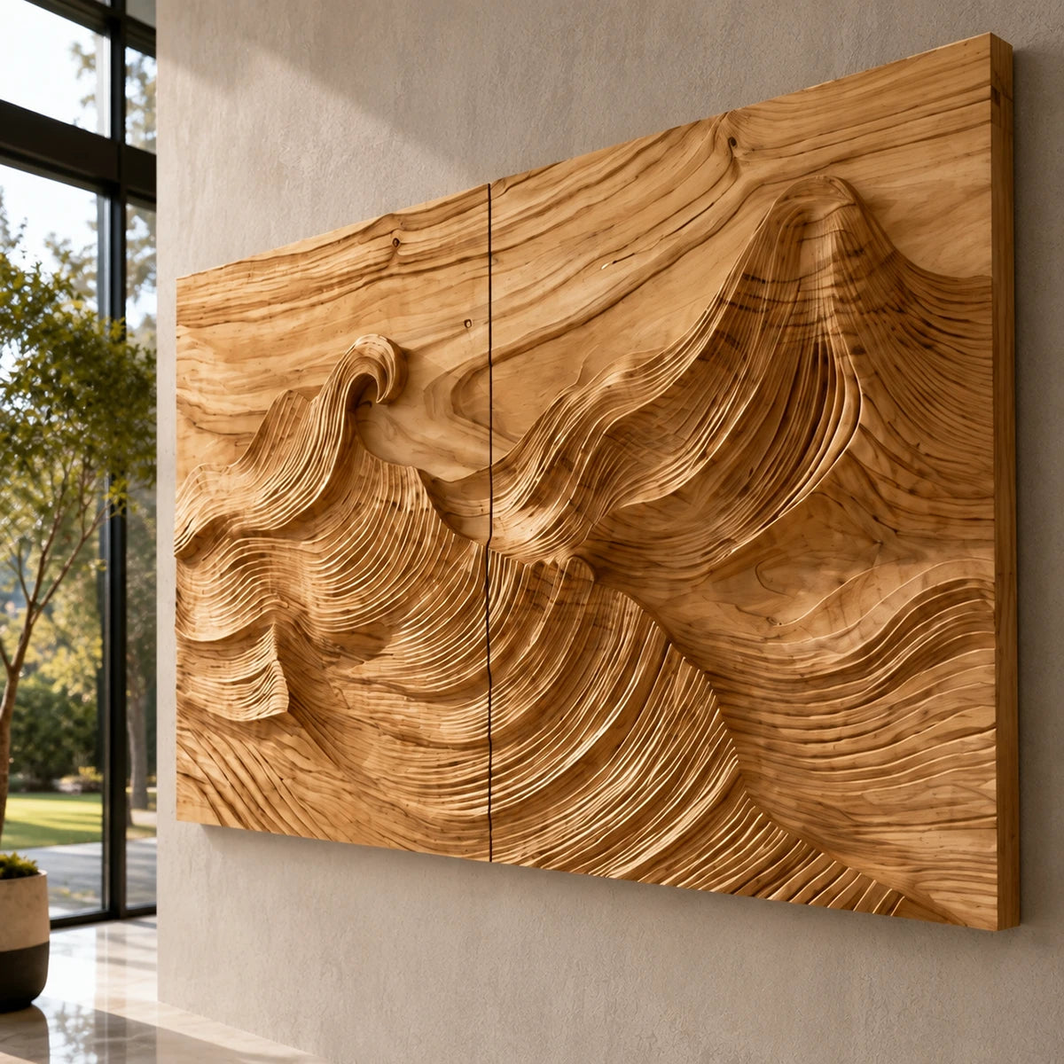 Abstract terrain wall art with sweeping contours forms a bold architectural focal point