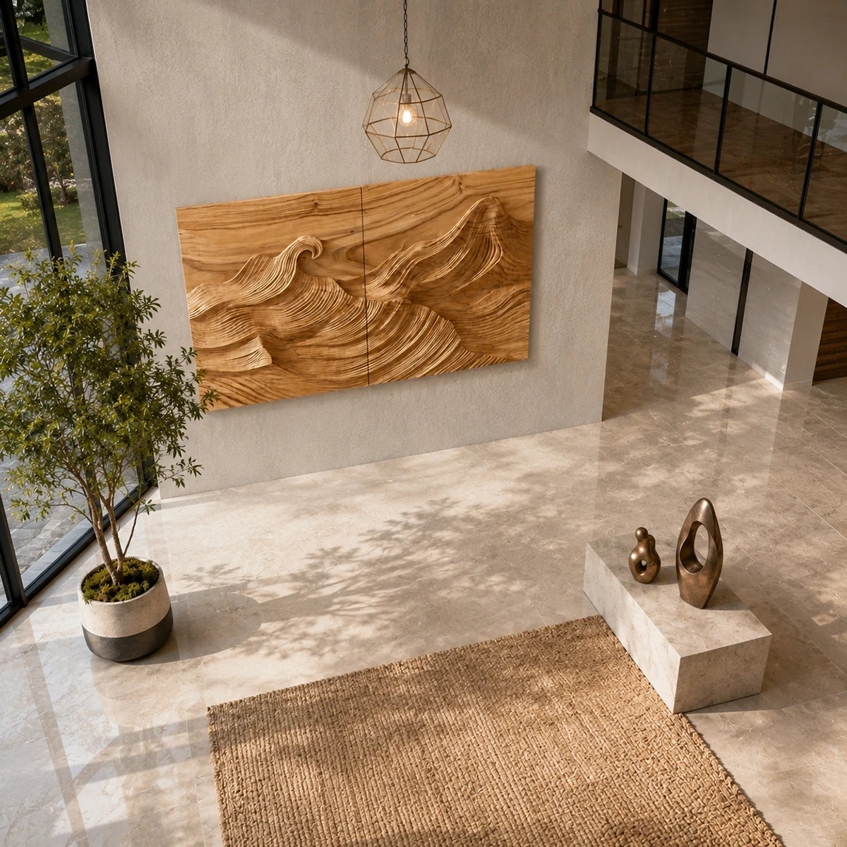 Flowing carved lines shape this wall sculpture into a calm statement for modern rooms