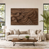 Large wall decor with layered hills introduces dimension to a spacious interior setting