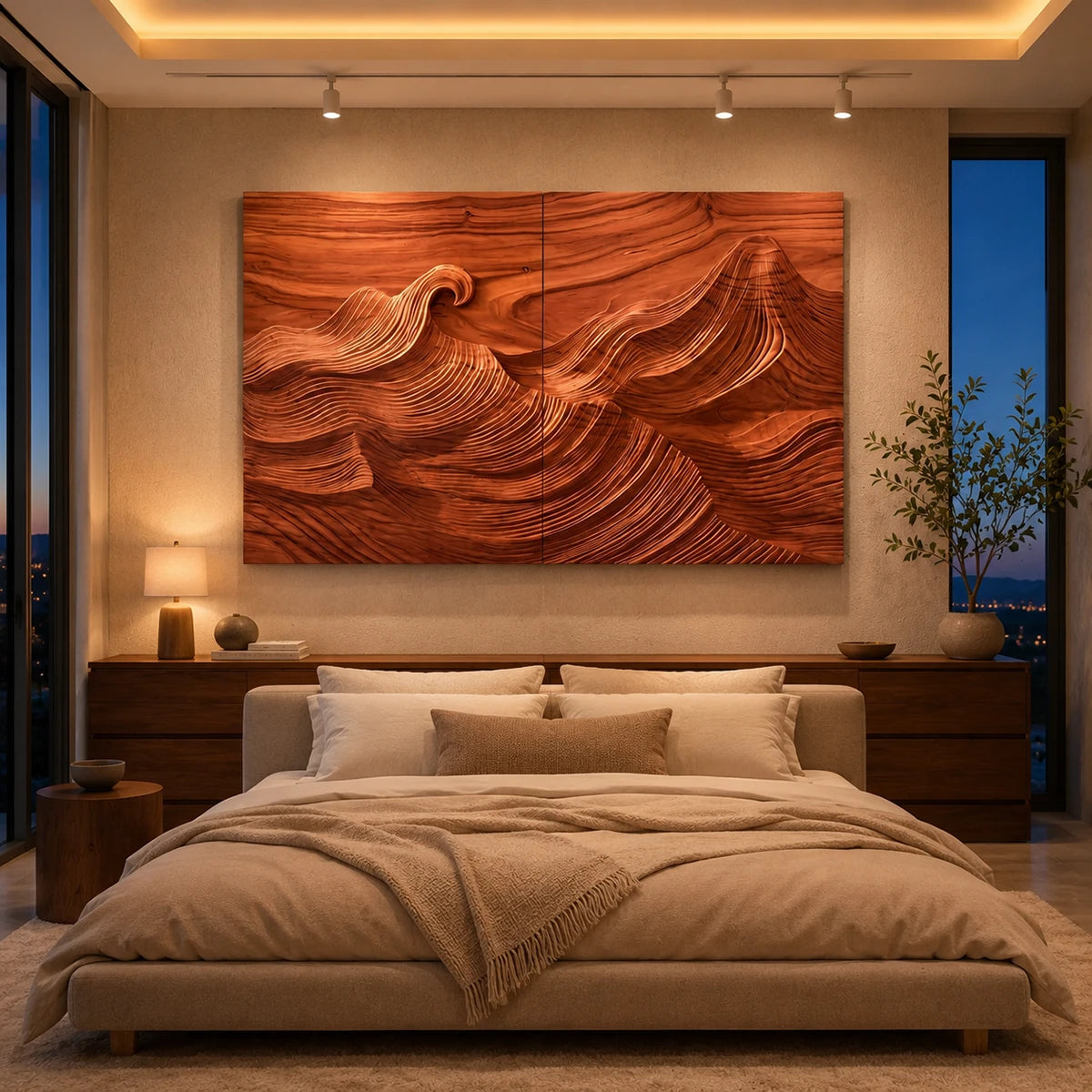 Sculptural landscape panel with rhythmic grooves adds movement to a minimalist room