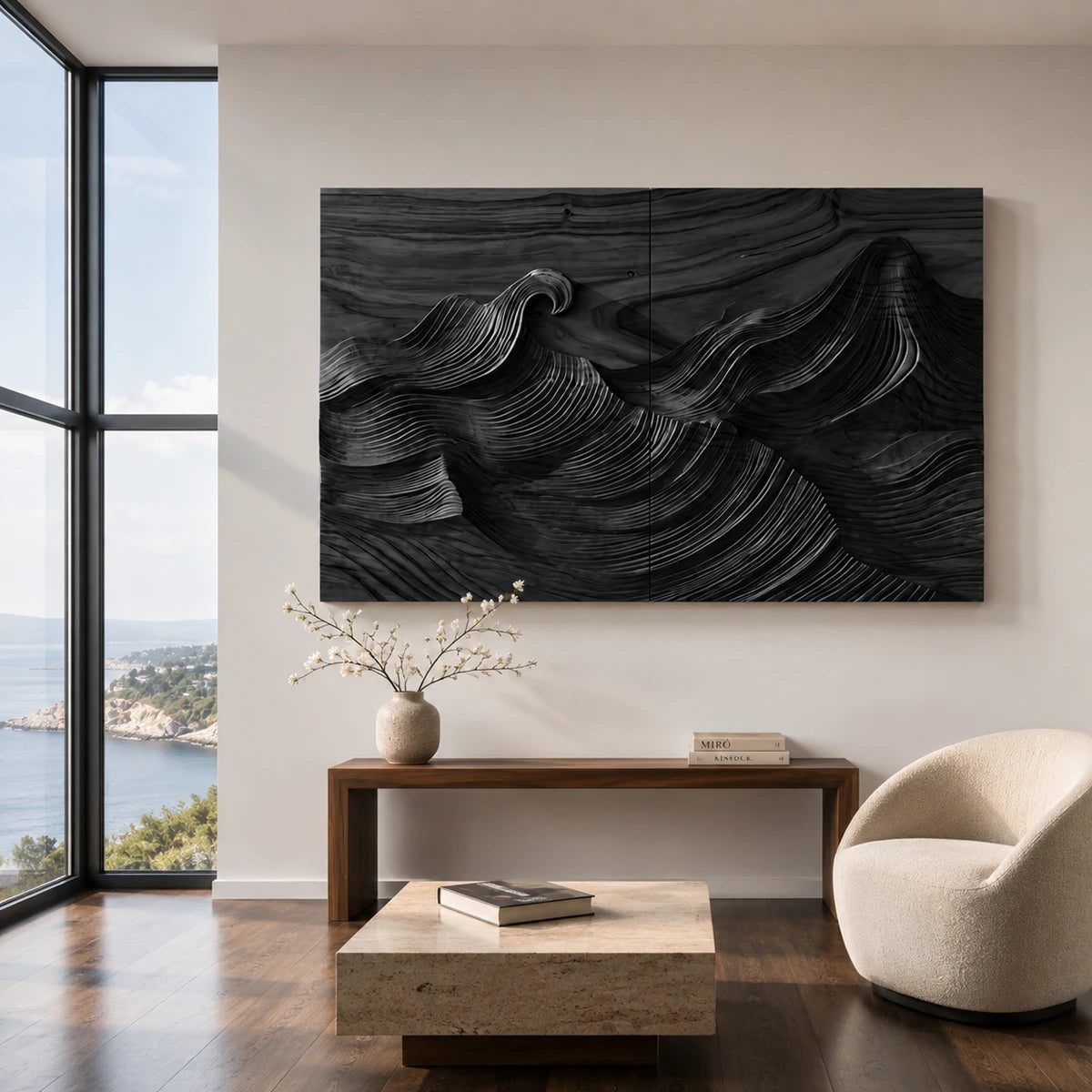 Mounted on a tall wall, this carved artwork brings visual depth to an airy interior