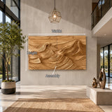 Contemporary wall sculpture with flowing terrain forms enhances a refined open space