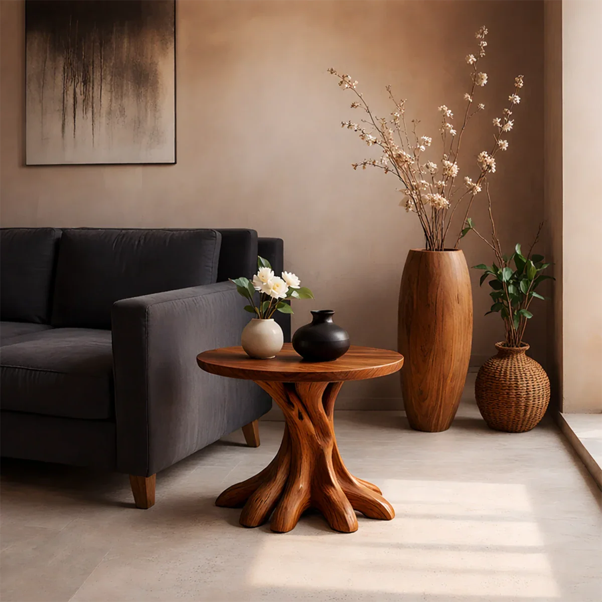 Featuring a brown color side table with round top and sculptural base for decor display