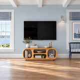 Refined entertainment unit in natural solid wood with organic cubbies and shelf space