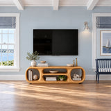 Organic low media console in natural solid wood with curved cubbies and storage space