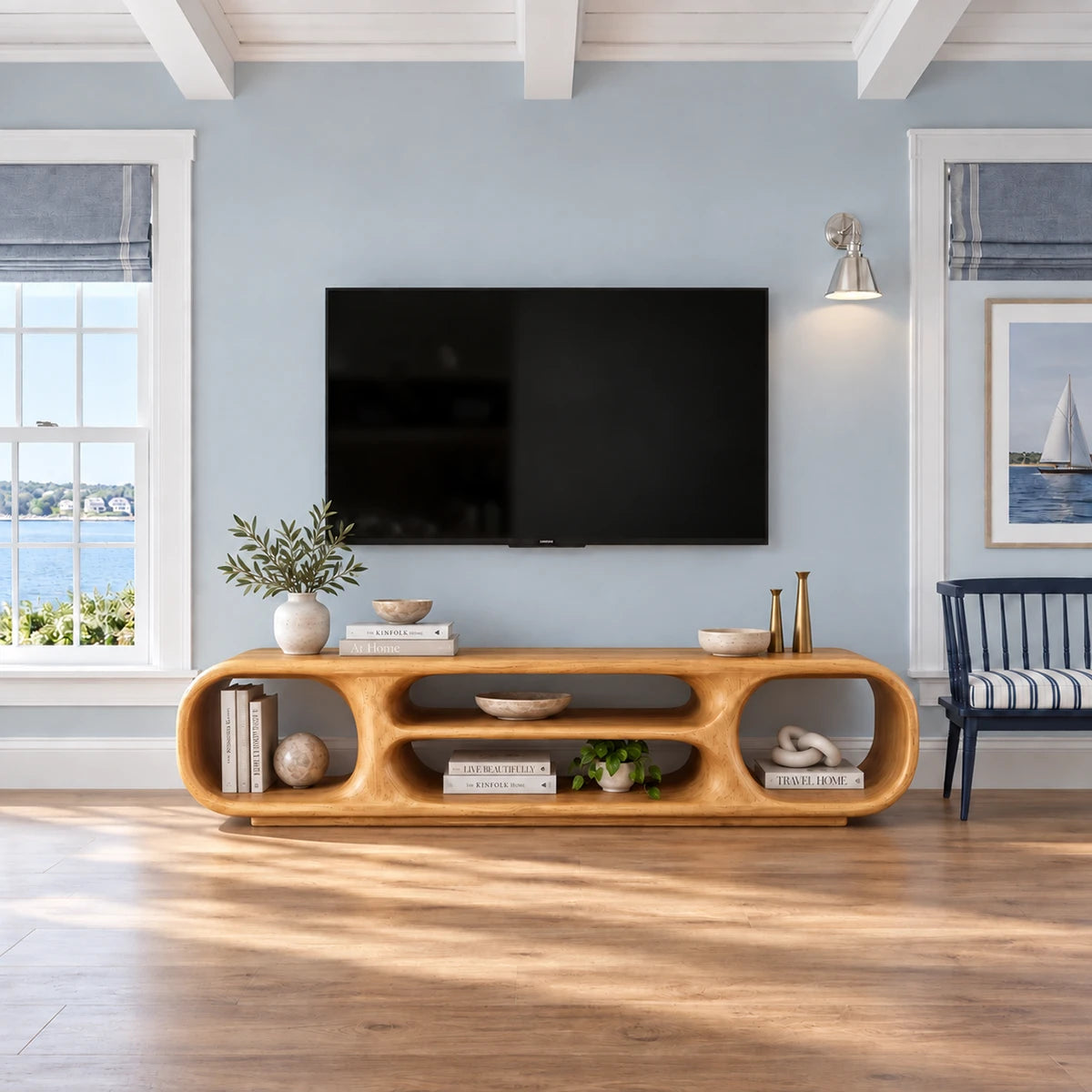 Rounded TV bench in natural solid wood with open shelves and a smooth silhouette