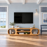 Rounded TV bench in natural solid wood with open shelves and a smooth silhouette