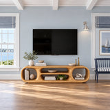Rounded natural solid wood TV stand with open cubbies and a smooth low profile design