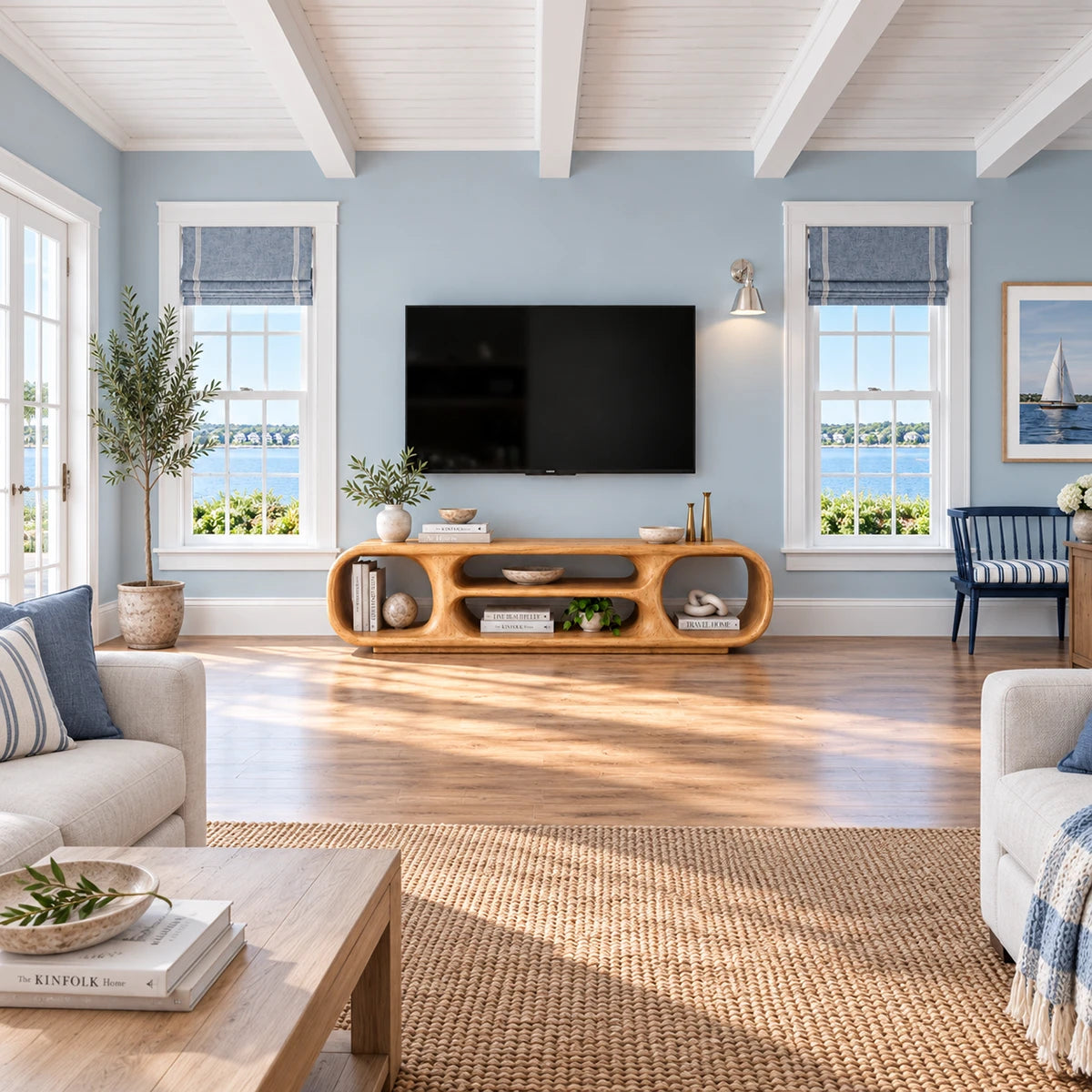 Modern media console in natural solid wood with rounded shelves and curved lines