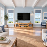Modern media console in natural solid wood with rounded shelves and curved lines