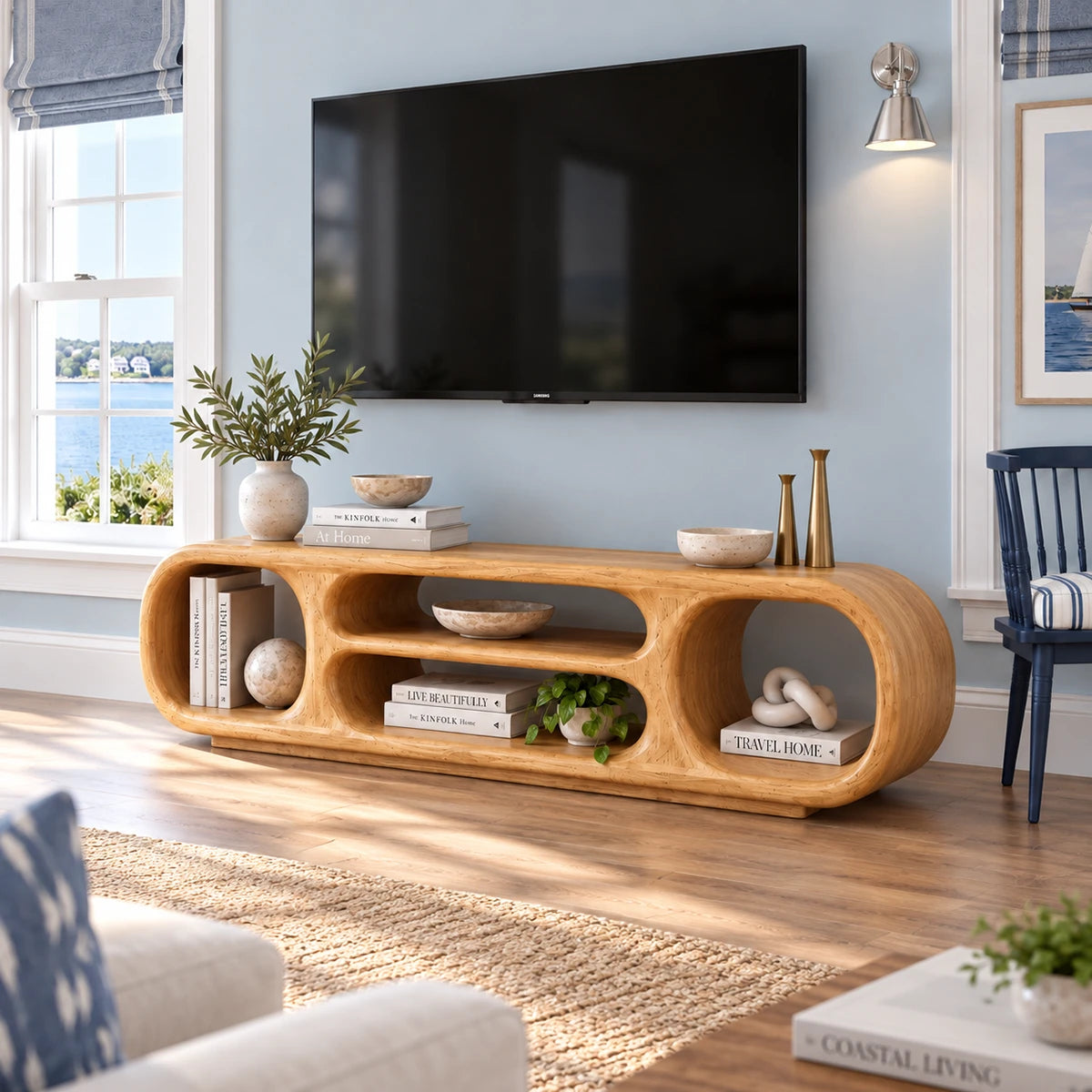 Coastal TV console in natural solid wood with open storage and rounded corners design