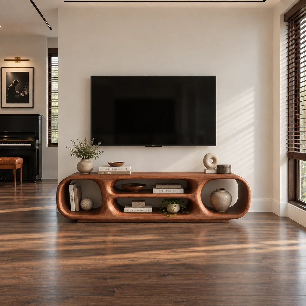 Contemporary media unit in natural solid wood with soft edges and open shelving style